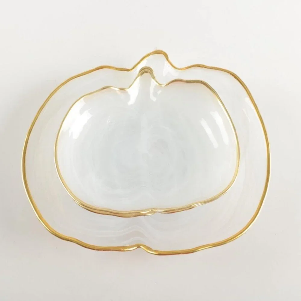 Vietri Alabaster Glass White Gold Edge Pumpkin Large Plate